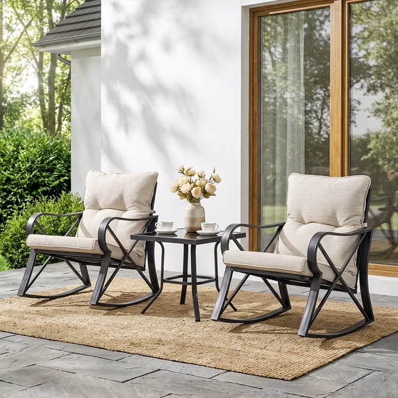 MOALCOFER 3 Pieces Bistro Set Patio Rocking Chairs Outdoor Furniture w Warm Gray Cushions, Glass-Top Table for Garden, Pool, Backyard