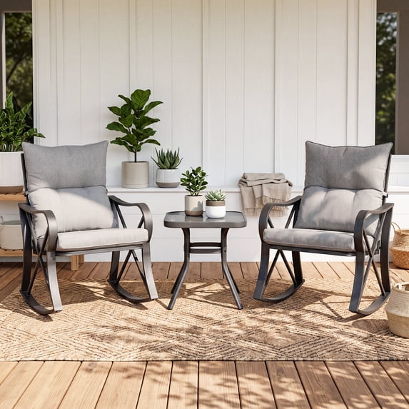 MOALCOFER 3 Pieces Bistro Set, Patio Rocking Chairs with Gray Cushions & Glass-Top Table for Garden, Pool, Backyard