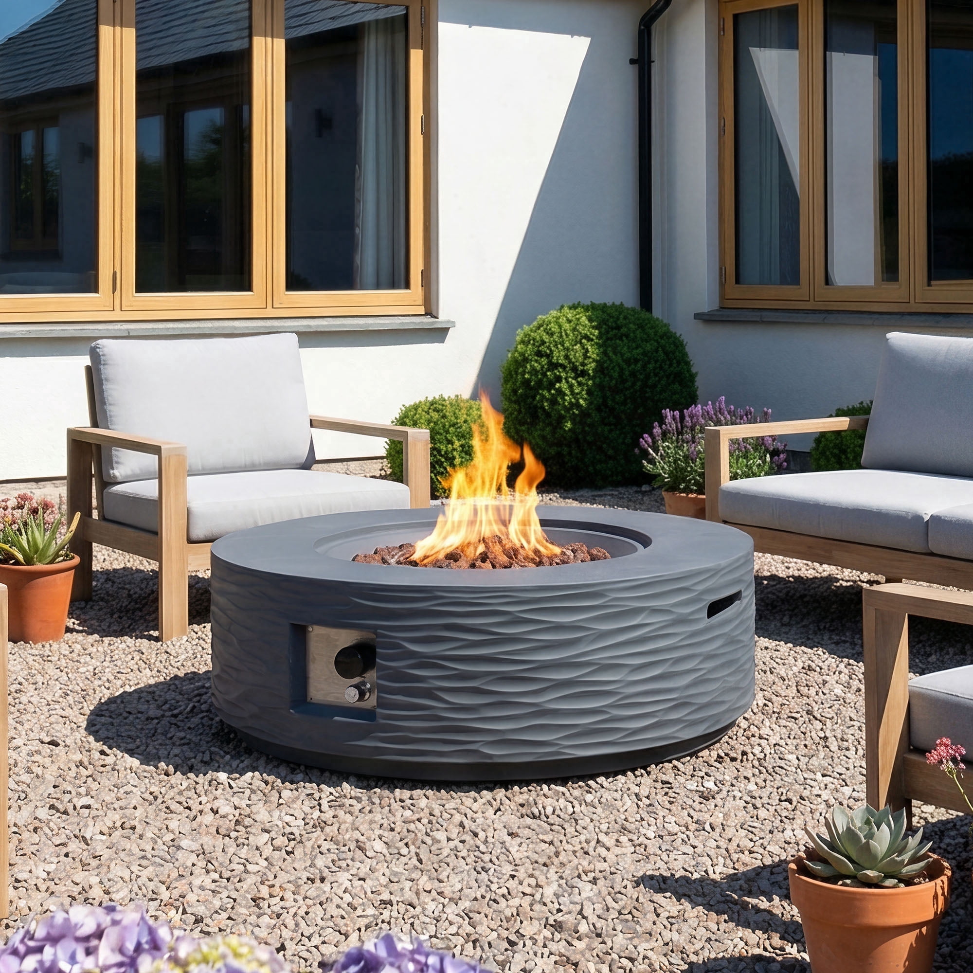 MOALCOFER 35" Outdoor Fire Pit Table,Round Propane Fire Pit,Water Ripple Design,Grey