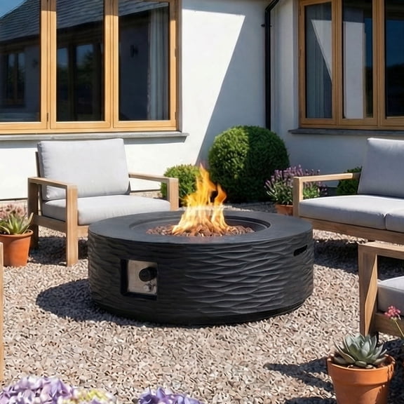 MOALCOFER 35" Round Propane Fire Pit,Outdoor Gas Fire Pit Table Water Ripple Design,Black