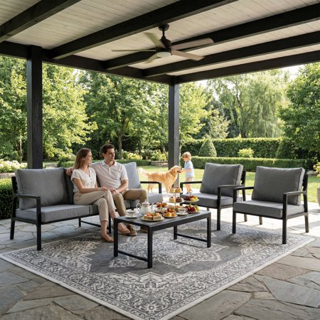 MOALCOFER 4-Piece Outdoor Conversation Set, Modern Patio Furniture with Weather-Resistant Cushions & Aluminum Coffee Table, for Backyard Garden Poolside