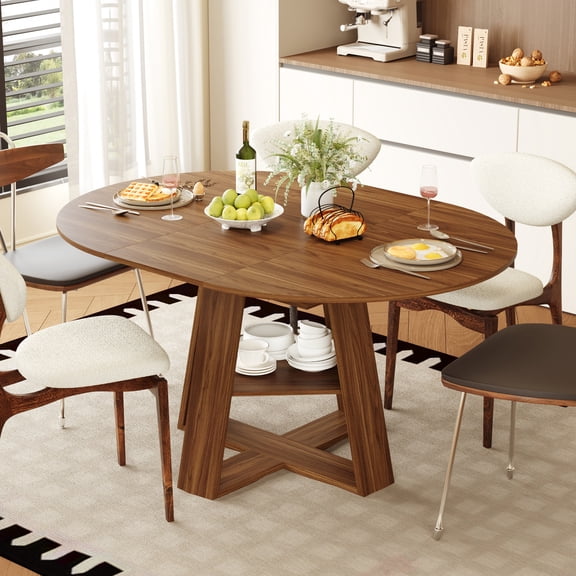 MOALCOFER 43.3"-59" Extendable Round Dining Table for 4-8, Modern Kitchen Oval Table with Hidden Leaf & Storage Shelf, Wood Base Space-Saving Table for Kitchen Living Room, Walnut