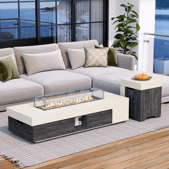 MOALCOFER 56" Rectangle Modern Outdoor Fire Pit Table, 50,000 BTUs with Propane Tank Cover and Wind Guard