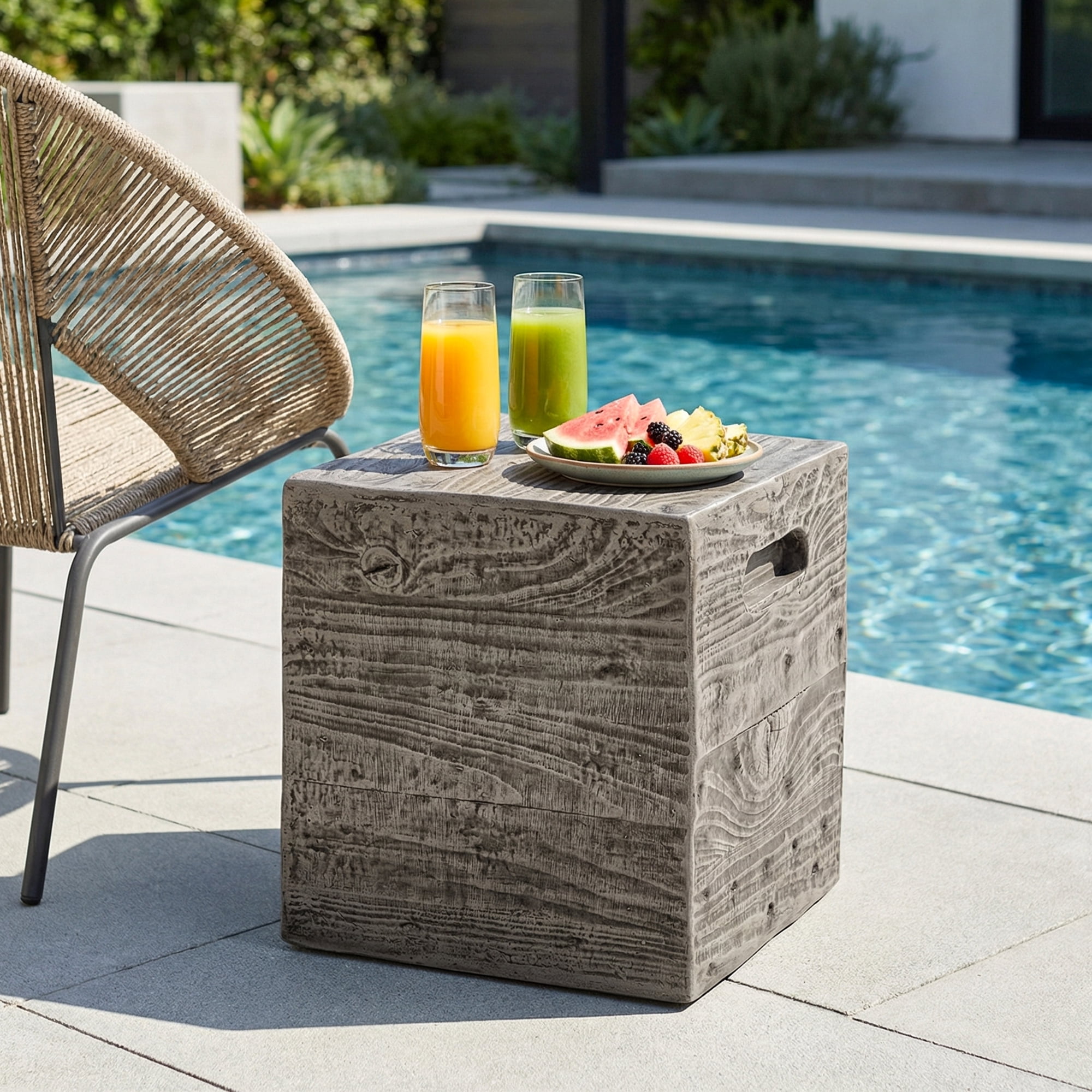 MOALCOFER Concrete Outdoor side table with Faux Wooden,Small Patio Accent Table