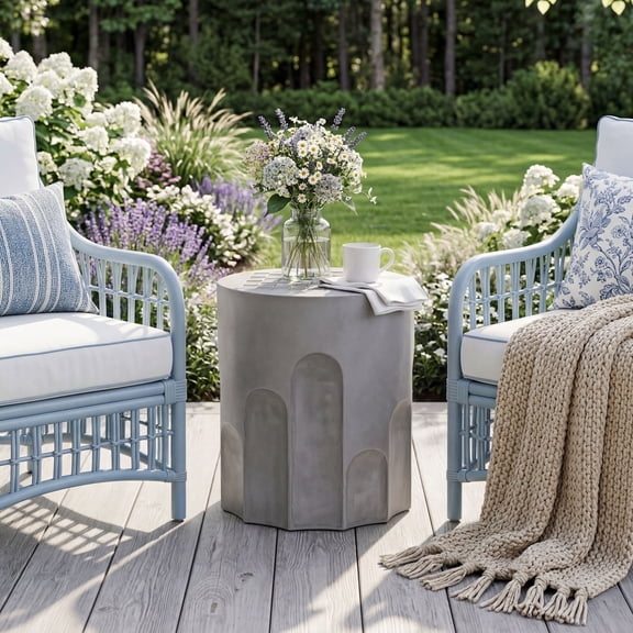 MOALCOFER Cylindrical MgO Side Table with Checkered Tabletop, Weatherproof Outdoor Modern End Table for Patio Garden Backyard, Gray