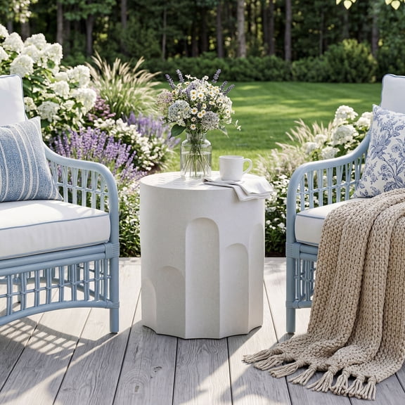 MOALCOFER Cylindrical MgO Side Table with Checkered Tabletop, Weatherproof Outdoor Modern End Table for Patio Garden Backyard, White