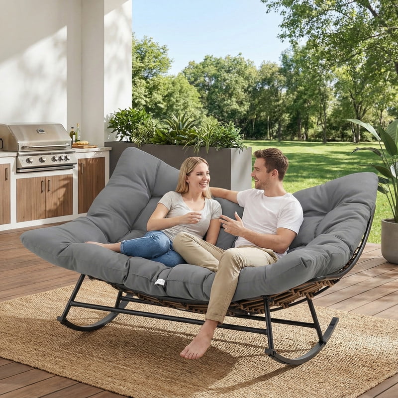 MOALCOFER Double Papasan Rocking Chair,2-Person Patio Egg Lounge Chair ...