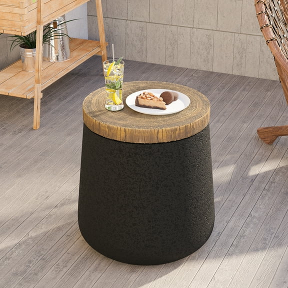 MOALCOFER Outdoor Black Side Table with Wood Grain Top,Round Cylinder Accent Table