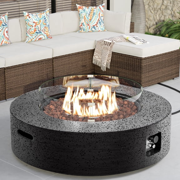 MOALCOFER 41" Round Propane Fire Pit with Glass Wind Guard ,50,000 BTU Smokeless Flame,, Includes Rain Cover for Patio, Backyard, Deck Brown/Gray