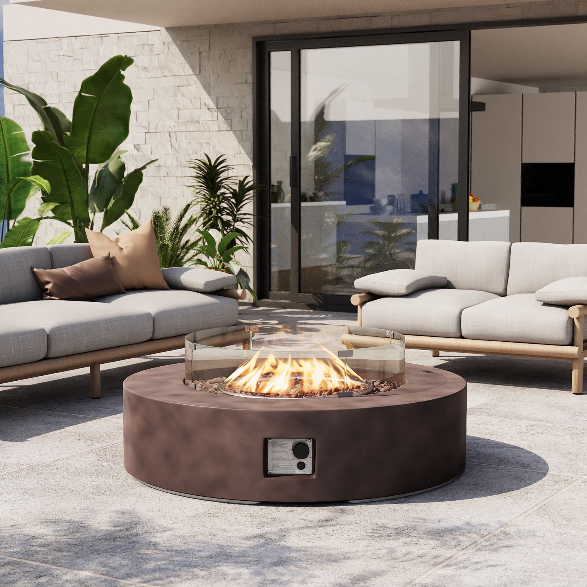 MOALCOFER 41" Round Propane Fire Pit with Glass Wind Guard, 50,000 BTU Smokeless Flame, Includes Rain Cover for Patio, Backyard, Deck