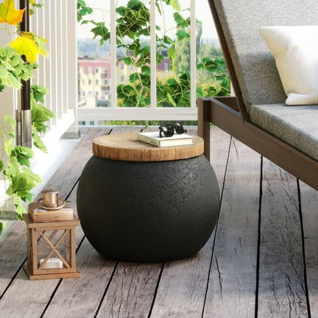 MOALCOFER Outdoor Round Side Table with Concrete Top and Faux-Wood Accent for Patio,Black