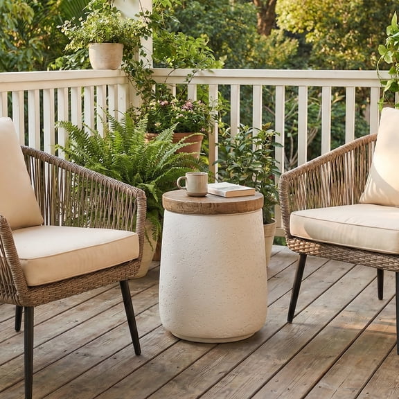 MOALCOFER Outdoor Side Table with Wood Grain Top,Round White Patio Accent Table
