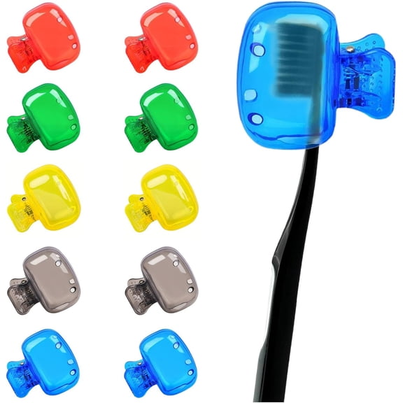 MOAMUN 10pcs Toothbrush Cover, Toothbrush Protector Case, Travel Tooth Brush Head Pod Case, Toothbrush Cap Plastic Clip for Household Bathroom School (Grey, Blue, Red, Green, Yellow)