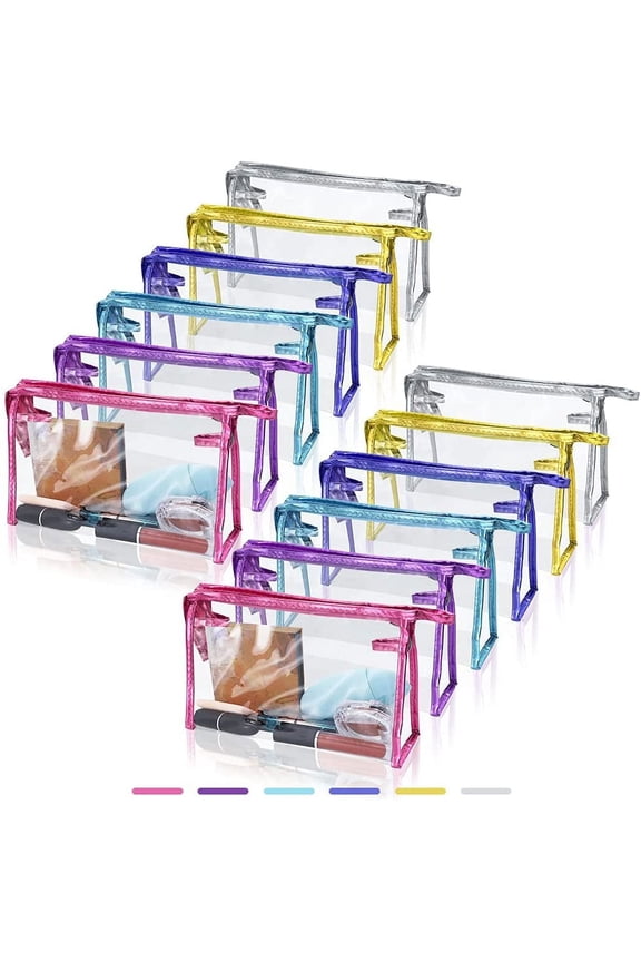 12 Pcs Portable Transparent Cosmetic Bags, Clear Waterproof Makeup Bags with Handle, PVC Travel Toiletry Bags Pouches, Clear Pencil Cases, Stationary Organizers(6 Colors)