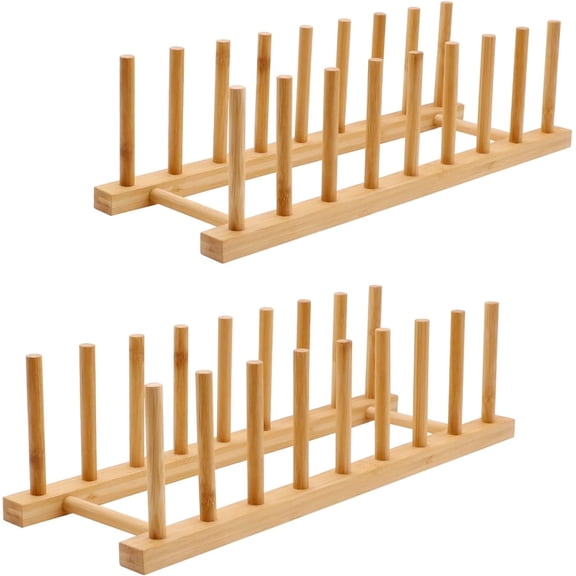 MOAMUN 2 Pack Bamboo Plate Drying Racks, Pot Lid Cutting Board Rack Stand Drainer Storage Holder Cabinet Dish Organizer for Dish Bowl CupKeep Dry