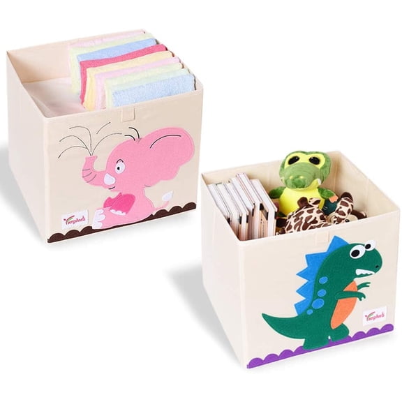 MOAMUN 2 Pcs Foldable Animal Toy Storage Box/Bin/Cube, Collapsible Storage Organizer Chest Basket Container for Boys and Girls(13 x 13 x 13 Inch, Dinosaur & Pink Elephant)