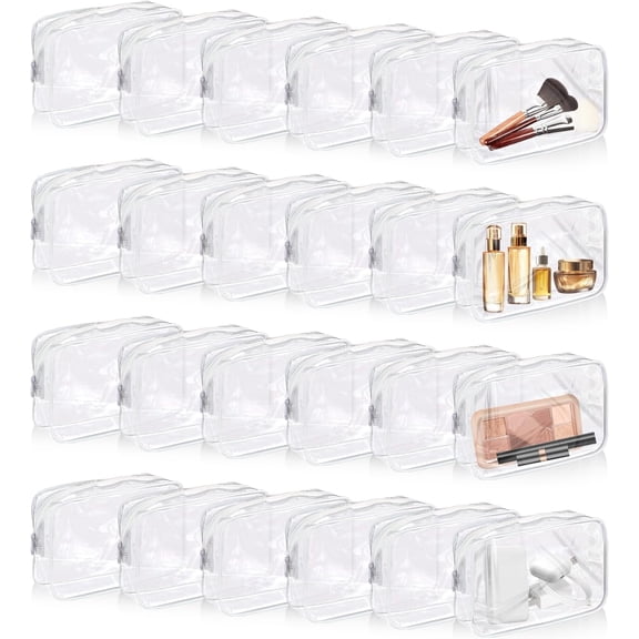 MOAMUN 24 PCS Clear Makeup Bag with Zipper, Waterproof Transparent Toiletry Bag Organizer, PVC Portable Cosmetic Bags for Women Men Traveling Vacation Bathroom Home (White)