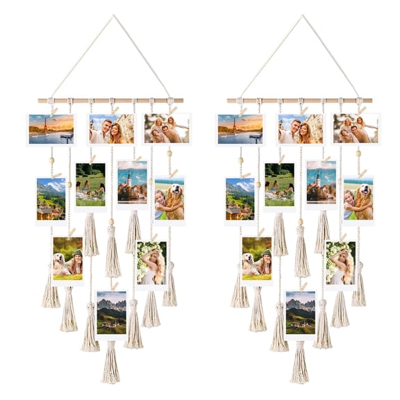 MOAMUN 2PCS Hanging Photo Display for Wall Decor with 60 Wooden Clips, DIY Picture Frames Collage Pegs in Bedroom, String Multiple Artworks Holder for Home Party Christmas Birthday Decoration