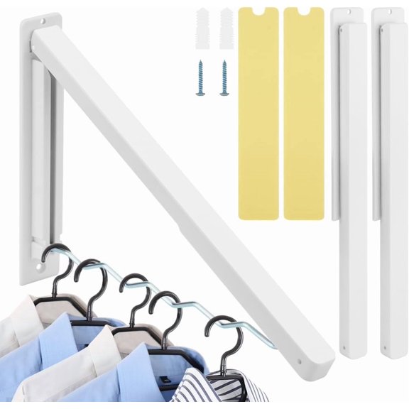 MOAMUN 2pcs Wall Mounted Clothes Rack, Foldable Laundry Coat Racks, White Retractable Clothes Drying Rack for Home Storage Organiser Space Saving