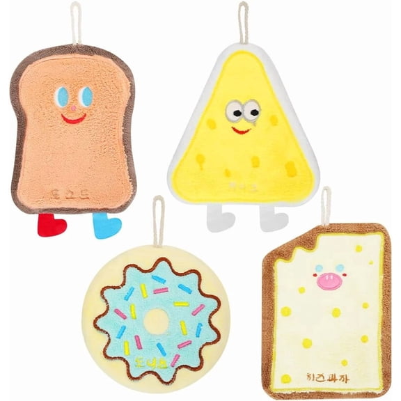 MOAMUN 4 Pcs Cute Hand Towel with Hanging Loop, Soft Absorbent Coral Fleece Creative Hand Towels, Quick Dry Cheese Toast Cracker Donuts Cartoon Theme Gadgets for Kitchen, Bathroom