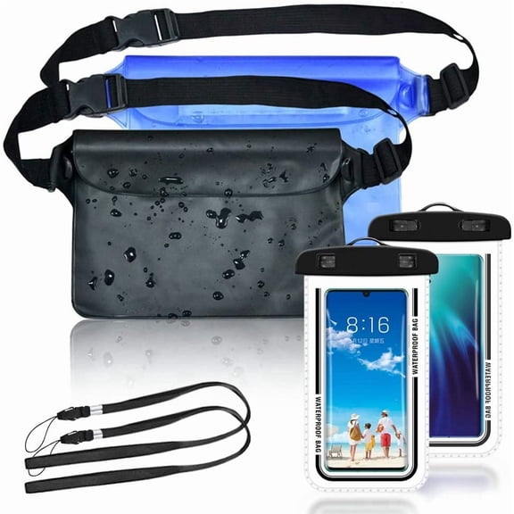 MOAMUN 4 Pcs Waterproof Pouch Bags Set, Including 2 Waist Pouches with Adjustable Strap, 2 Phone Cases for Kayaking, Swimming, Travel (Black+Blue)