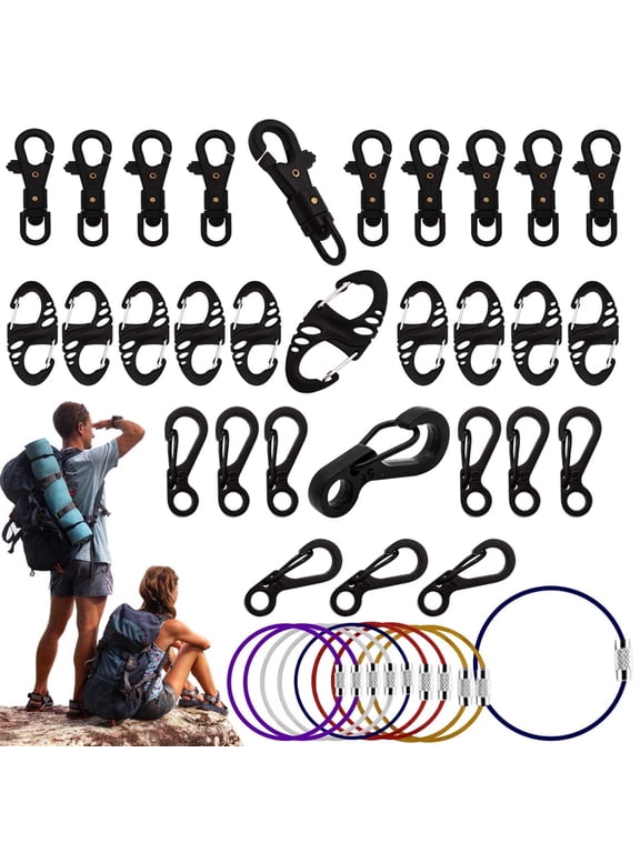40PCS Mini Carabiners Buckle Spring, Backpack Clasps, Wire Key Chain Ring Loop Cable, 8-Shape Carabiner Clips and Swivel Snap Hook for Paracord (4 Styles)