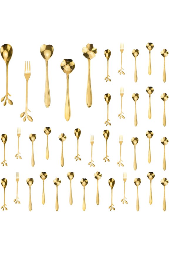 40pcs Coffee Spoons, Stainless Steel Teaspoons, Flower Leaf Spoon, Stirring Tea Spoon and Leaf Fork for Dessert Sugar Cake Ice Cream honey Demitasse Stir Bar tea party( 5 Styles, Gold)