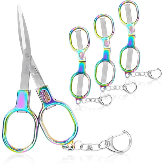 MOAMUN 4Pcs Mini Folding Scissors, Portable Stainless Steel Travel Small Scissors, Safety Foldable Pocket Badge Scissors All Purpose with 4 Keychains for Nurse Accessories, Office, Craft, Sewing