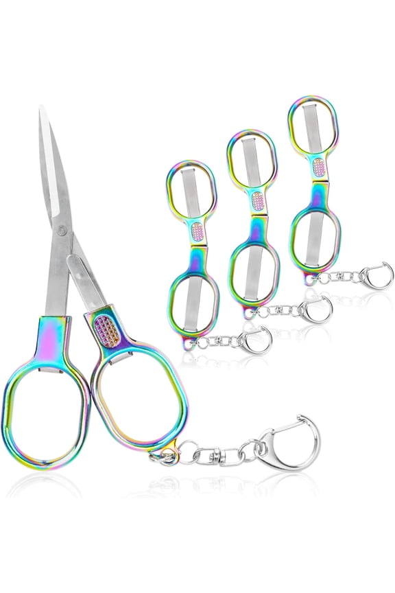 4Pcs Mini Folding Scissors, Portable Stainless Steel Travel Small Scissors, Safety Foldable Pocket Badge Scissors All Purpose with 4 Keychains for Nurse Accessories, Office, Craft, Sewing