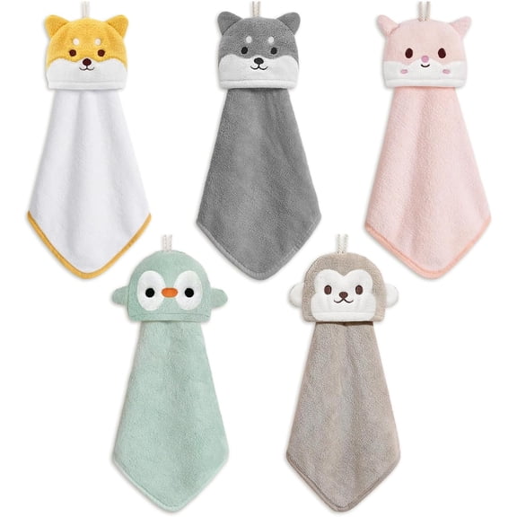 MOAMUN 5 PCS Cute Hand Towels with Hanging Loop, Creative Cartoon Theme Kitchen Towels, Super Absorbent Soft Bath Towel for Bathroom, Kitchen