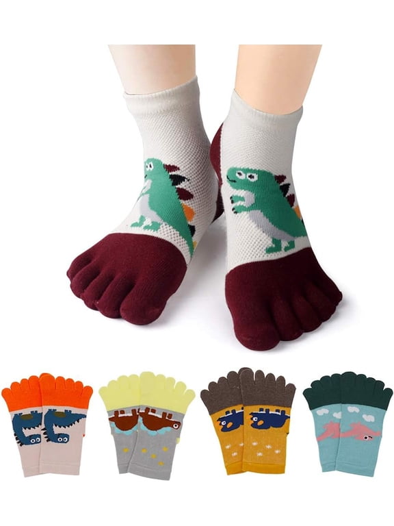 5 Pairs Cartoon Children Toe Socks, Cotton Kids 5 Finger Socks, Animal Pattern Toe Socks for Boys Girls (1-5Years)