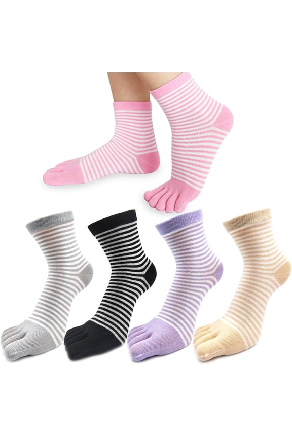 5 Pairs Womens Five Finger Toe Socks for Women Girls Cotton, Ladies Casual Low Cut Ankle Socks Soft & Breathable, Stripe
