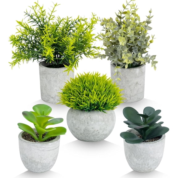 MOAMUN 5PCS Fake Plants, Small Artificial Plants Indoor, Mini Faux Eucalyptus Hedyotis Short Needle Grass Desert Rose Succulent Potted Greenery for Home, Room and Desk Decor