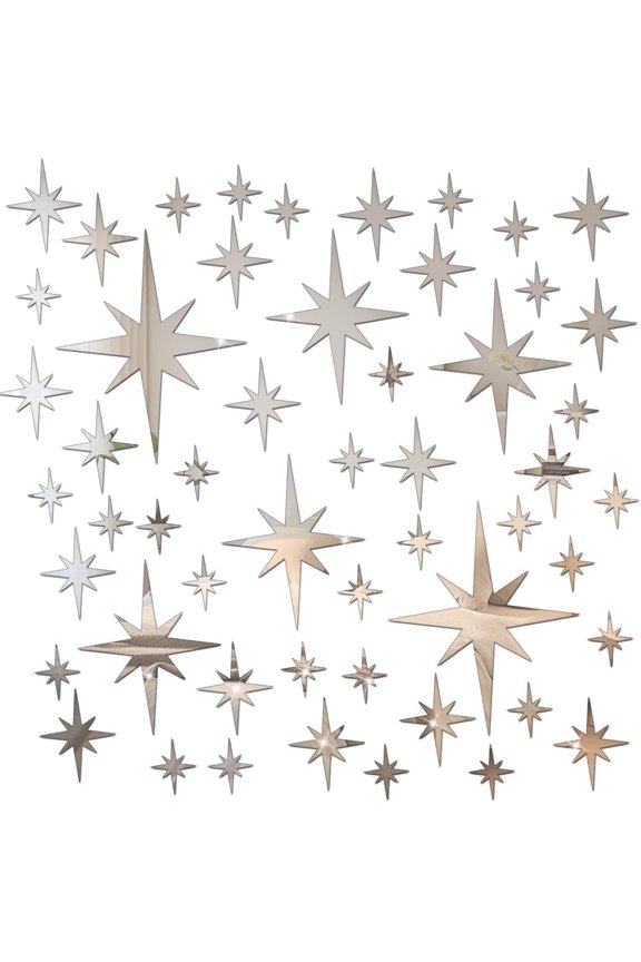 71 Pcs Silver Star Stickers, 3D Acrylic DIY Star Mirror Wall Stickers Decor, Removable Decals Art Self-Adhesive for Home Nursery Classroom Bedroom Interior Wallpaper Background Decor