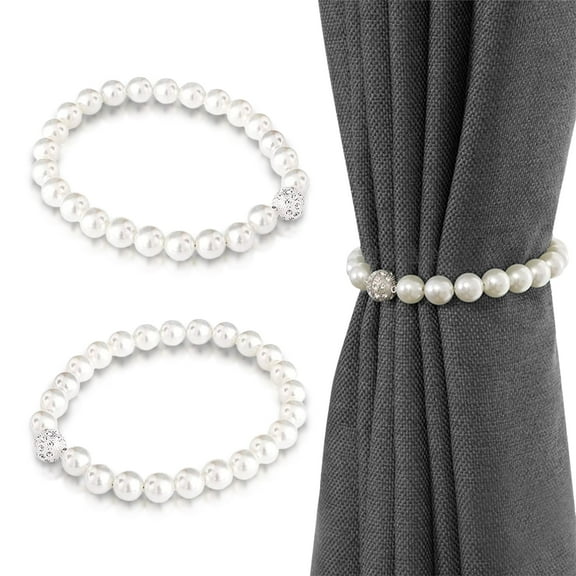 MOAMUN Magnetic Pearl Curtain Tieback Set of 2, Strong Magnetic Beaded Curtain Holdbacks, Decorative Window Drape Curtain Straps 16 Inch (White)