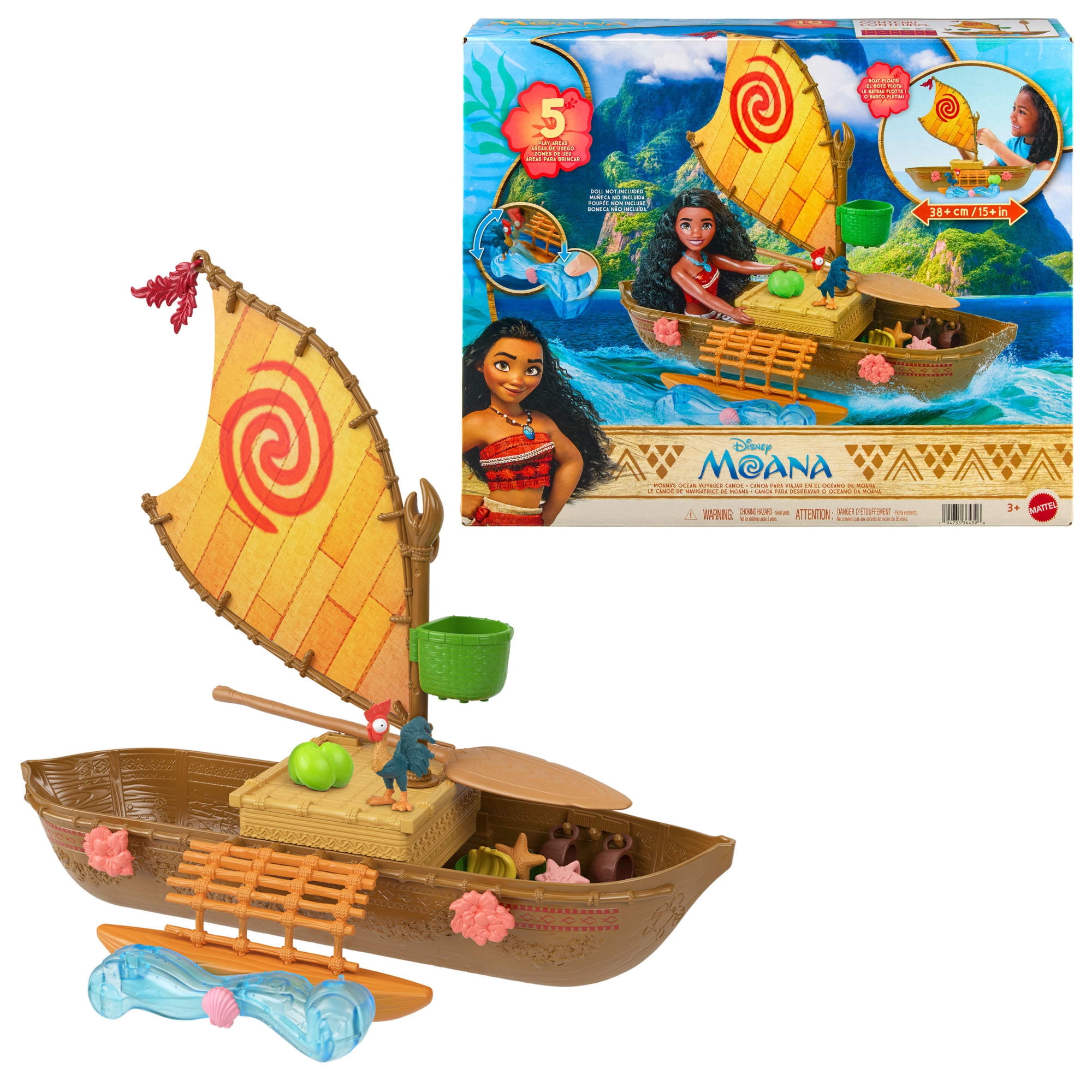 Disney Moana Floating Ocean Voyager Canoe Playset with 5 Play Areas, 9 Accessories & Animal Figure