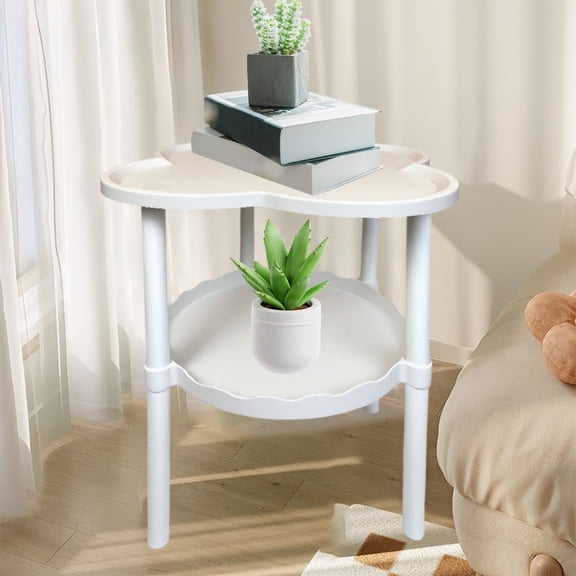 MOAOASPER 2-Tier Clover Shaped Side Table 14.96x19.29 Inch, Lightweight Plastic Nightstand with Storage Shelf, Scalloped Edge End Table for Bedroom Living Room and Nursery, 4 Colors Available