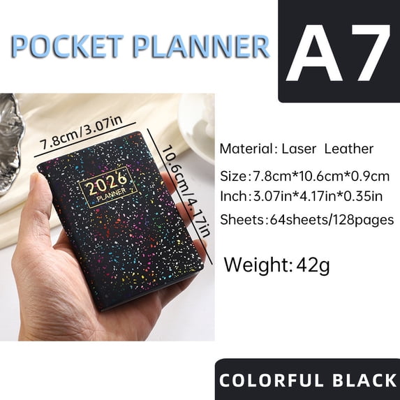 MOAOASPER 2026 A7 Pocket Planner, Star Laser Leather Mini Notebook, 128 Pages Daily Organizer, Portable Travel Journal for Students Office Use