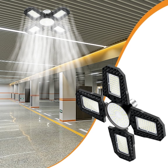 MOAOASPER 4 Leaf Foldable LED Garage Light E27, Deformable Ceiling Bulb High Lumen Bright, Black Hanging Adjustable Panel Commercial, Workshop Basement Indoor Home Industrial Lamp