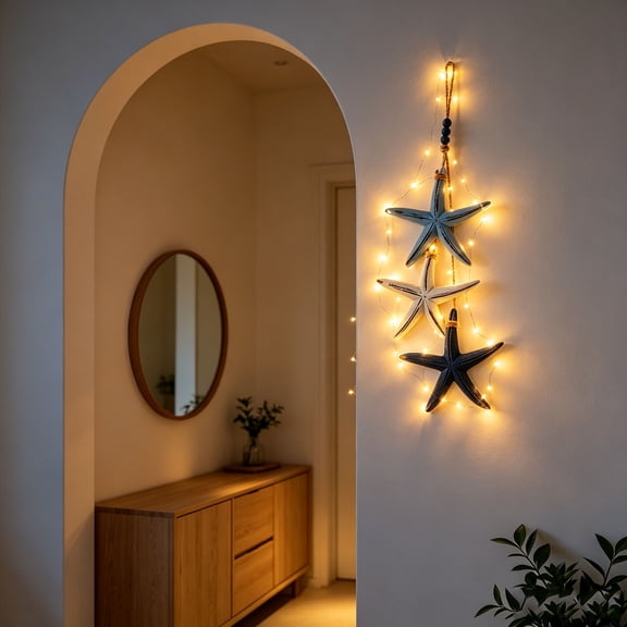 MOAOASPER Coastal Wooden Starfish Hanging Ornament with Warm LED Lights, Rustic Nautical Wall Decor for Beach House, Mediterranean Style Fish and Sea Life Pendant for Home