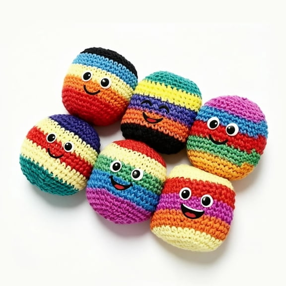 MOAOASPER Colorful Crochet Sandbag, 6-Pack, Smiling Face, Rainbow Striped, 2.36 in Diameter, Durable Fabric Play Toy