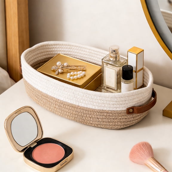 MOAOASPER Countertop Organizer Basket, Nursery Storage Bin, Woven Cotton Rope Basket, Two-Tone Textured Design, Modern Farmhouse Decor Basket for Bathroom Bedroom Living Room