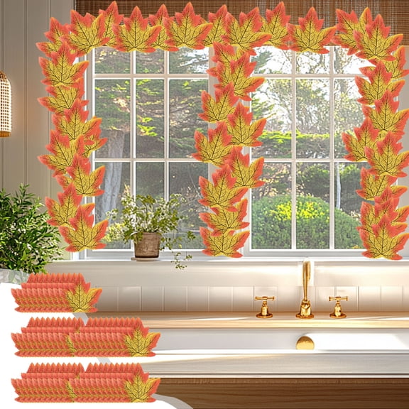 MOAOASPER Fall Maple Leaves Faux Autumn Decor, Halloween Thanksgiving Fake Foliage Party, 50 Pack Flame Red Fabric Material Prop Supply, Door Wall Window Garland Festival Room Accent