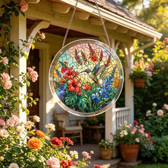 MOAOASPER Floral Suncatcher, Round Acrylic Hummingbird Ornament, Light Reflecting Stained Glass Style Decor, UV Resistant Hanging Pendant with Chain