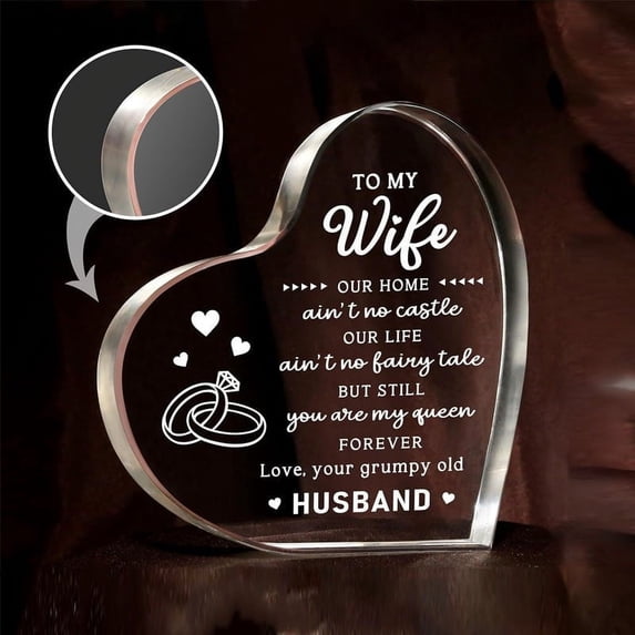 MOAOASPER Heart Shaped Acrylic Keepsake for Wife, Engraved Love Quote Plaque, Romantic Anniversary Birthday Gift from Husband, Clear Desk Decor Ornament