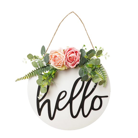 MOAOASPER Hello Wooden Door Sign with Artificial Roses, Round Front Door Hanging Plaque, Eucalyptus Floral Farmhouse Welcome Wreath, Home Porch Wall Decor