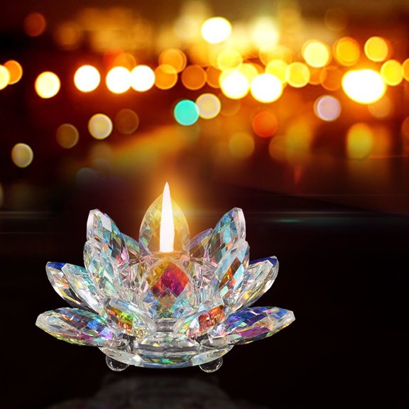 MOAOASPER Iridescent Cut Crystal Lotus Tealight Candle Holder, Multi Faceted Glass Flower Candlestick, Light Refracting Table Centerpiece Decor for Wedding Meditation Room Spiritual Home Gift
