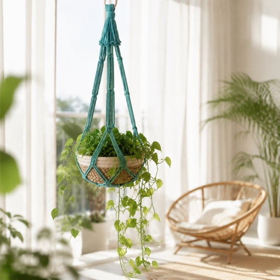 MOAOASPER Macrame Hanger Hanging er Blue, Woven Cotton Rope Basket Storage Decor, Handmade Boho Garden Pot Carrier Fringe, Living Room Bedroom Window Ceiling Gift