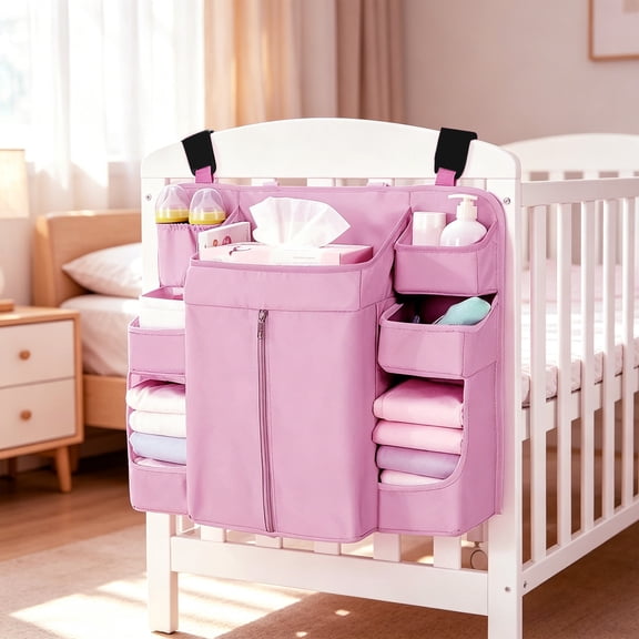 MOAOASPER Multi Pocket Crib Hanging Organizer, Adjustable Strap Fabric Caddy for Infant Room Storage
