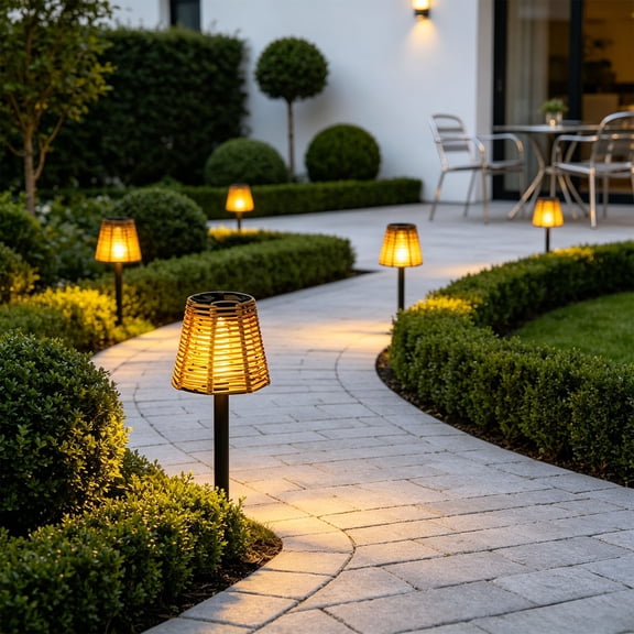 MOAOASPER Rattan Style Solar Light, Yard Stake Decor, 14.17 in Tall, Black, Solar Powered, Auto On/Off, Weather Resistant Landscape Light